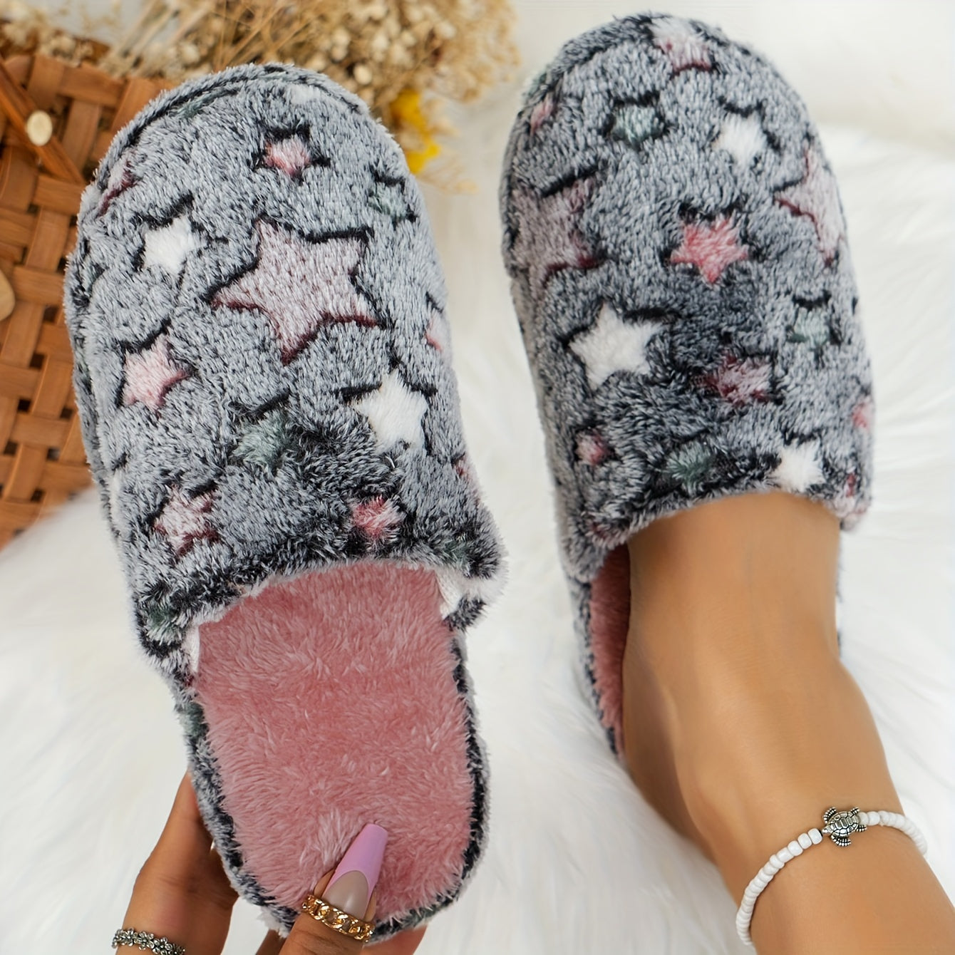 Women's Winter Plush Fleece House Slippers Non-Slip EVA Sole Pink Black