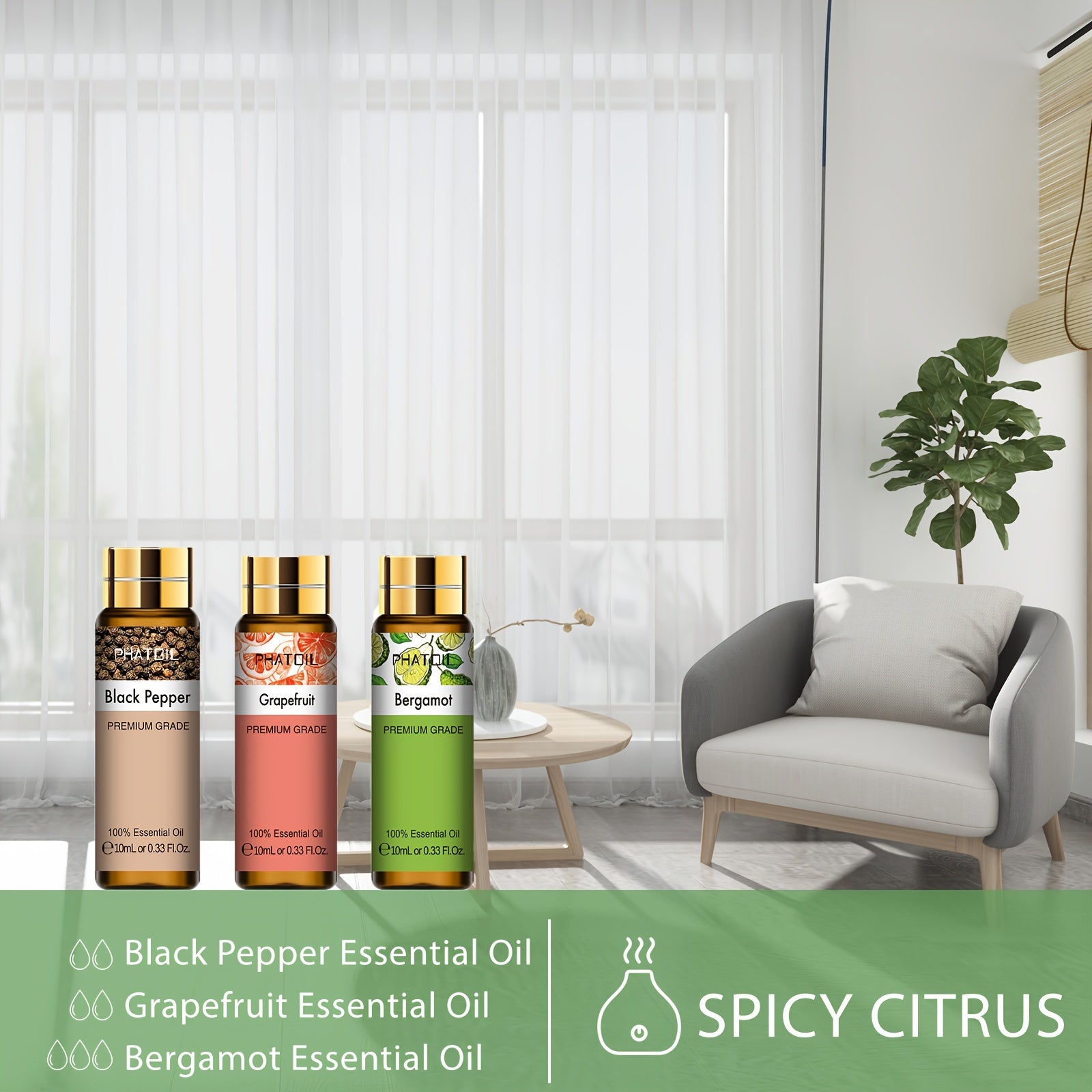 PHATOIL Efir moyi Yagona 10ml - Kayfiyatni ko'taruvchi aromaterapiya suvi, ko'p maqsadli foydalanish, yuqori sifatli, oqmas, UV nurlanishiga chidamli - 1 shisha