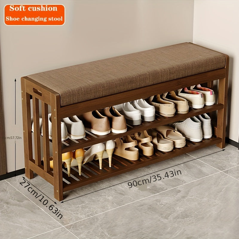 Brown Bamboo Shoe Changing Stool with Dustproof Door Entryway Organizer