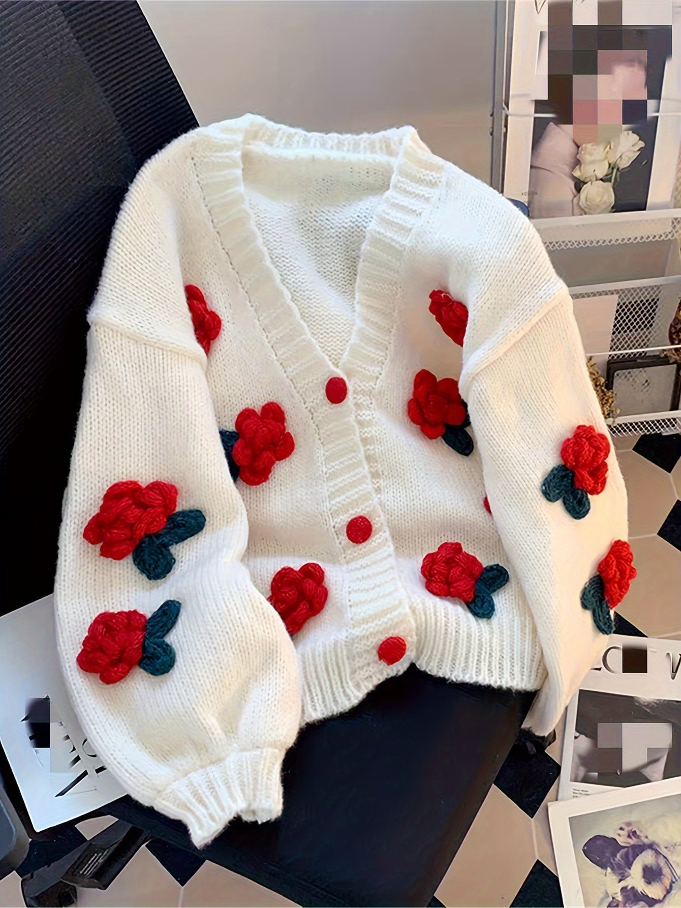 Cárdigan de punto con parche floral para mujer, cuello en V, casual, manga larga, otoño