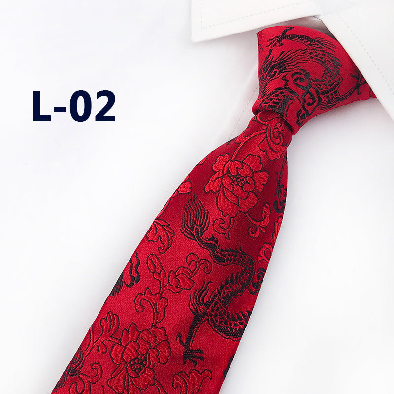 Men's Silk Tie with Hand-Embroidered Chinese Dragon and Peony Design