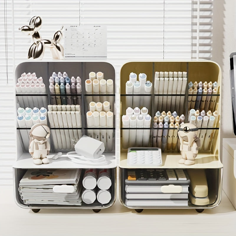 Plastic Desk Organizer with Drawer and Multi-Compartment Pen Holder for Office Supplies