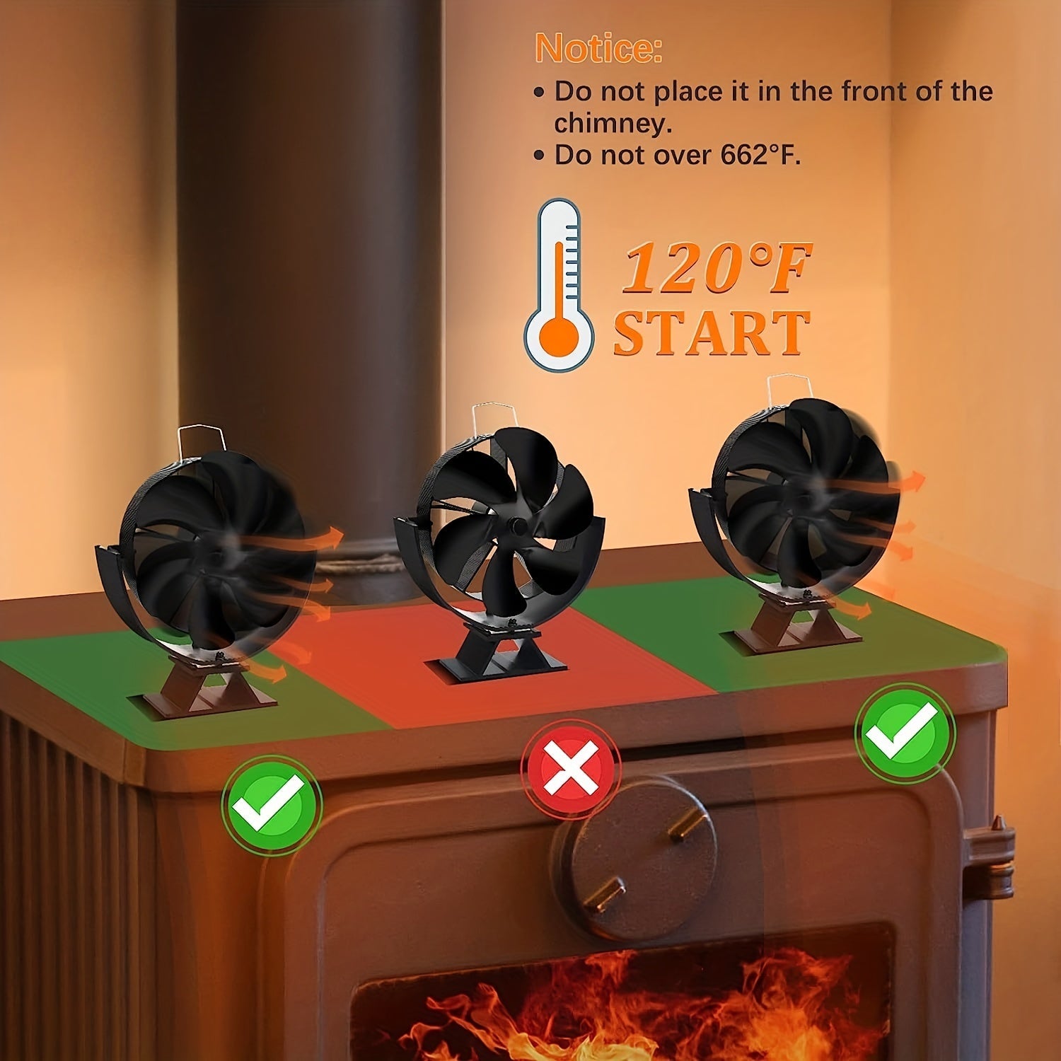 Heat Powered Wood Stove Fan 6-Blade Aluminum Fireplace Air Circulator