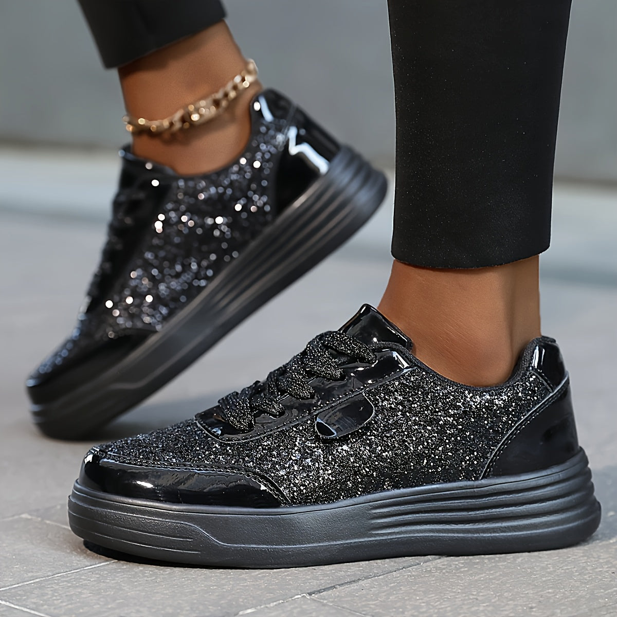 Zapatillas de lentejuelas brillantes para mujer, color dorado y blanco, de caña baja, calzado casual para skate