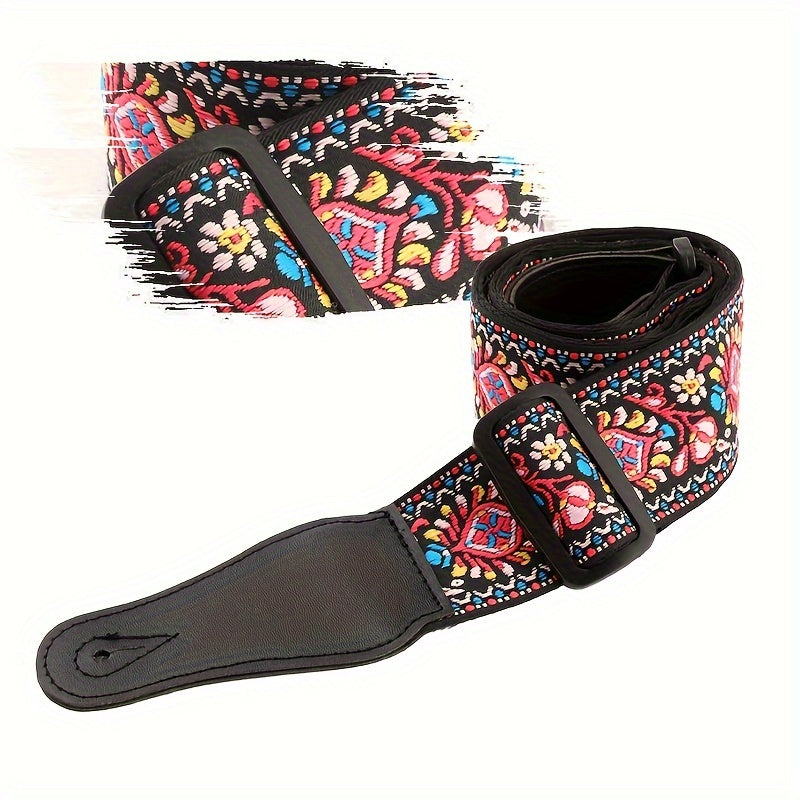 Correa de guitarra de lona con bordado de estilo nacional en rojo, amarillo, azul, verde y rosa