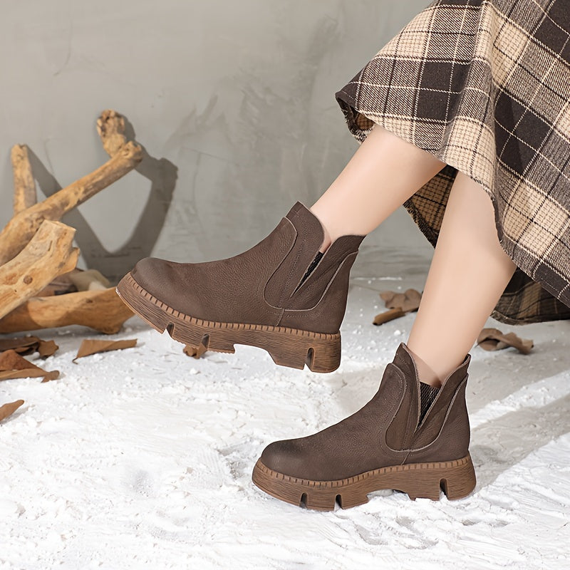 Women's Genuine Leather Short Boots Thick Soles Casual Round Toe