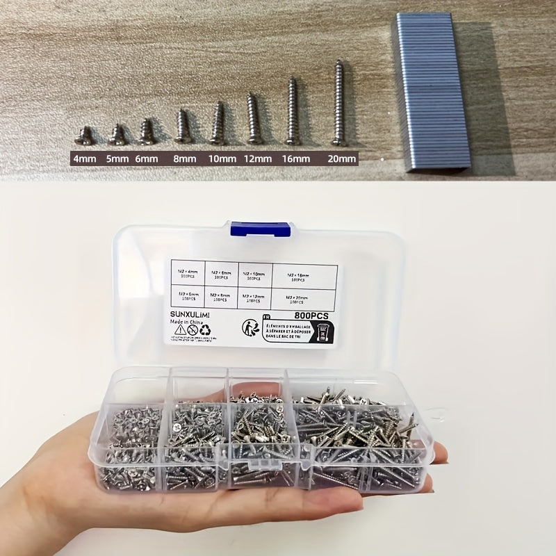 800pcs Self-Tapping Wood Screws Set, Nickel-Plated Carbon Steel, Assortment Kit