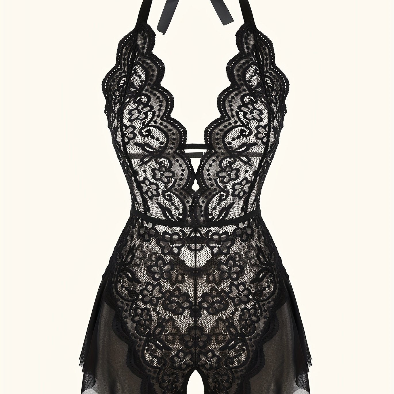 Кружевной сетчатый тедди для женщин с глубоким V, открытым промежностью, боди-халтер, сексуальное белье