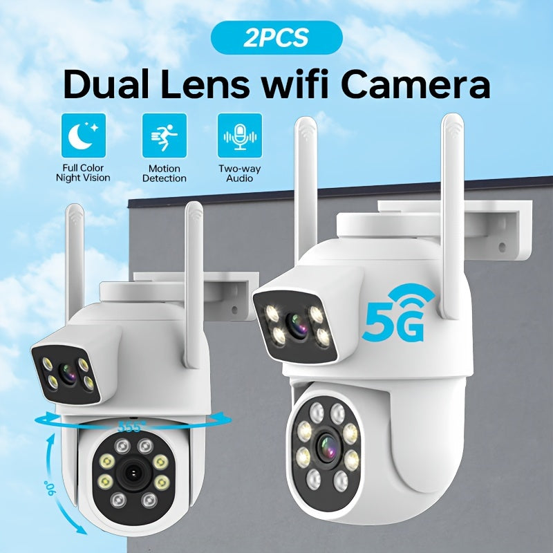 Ikki 4MP Dual Lens simsiz xavfsizlik kamerasi, AI aqlli ogohlantirishlar va ikki tomonlama audio, 2.4G/5G WiFi va to'liq rangli tungi ko'rish imkoniyatlari bilan. USB quvvatlanadi va TF/Cloud saqlash bilan mos keladi.