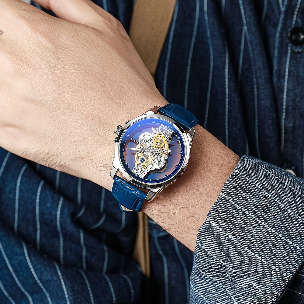 Men's Rose Gold Skeleton Quartz Watch with Luminous Hands Zinc Alloy Case Faux Leather Band