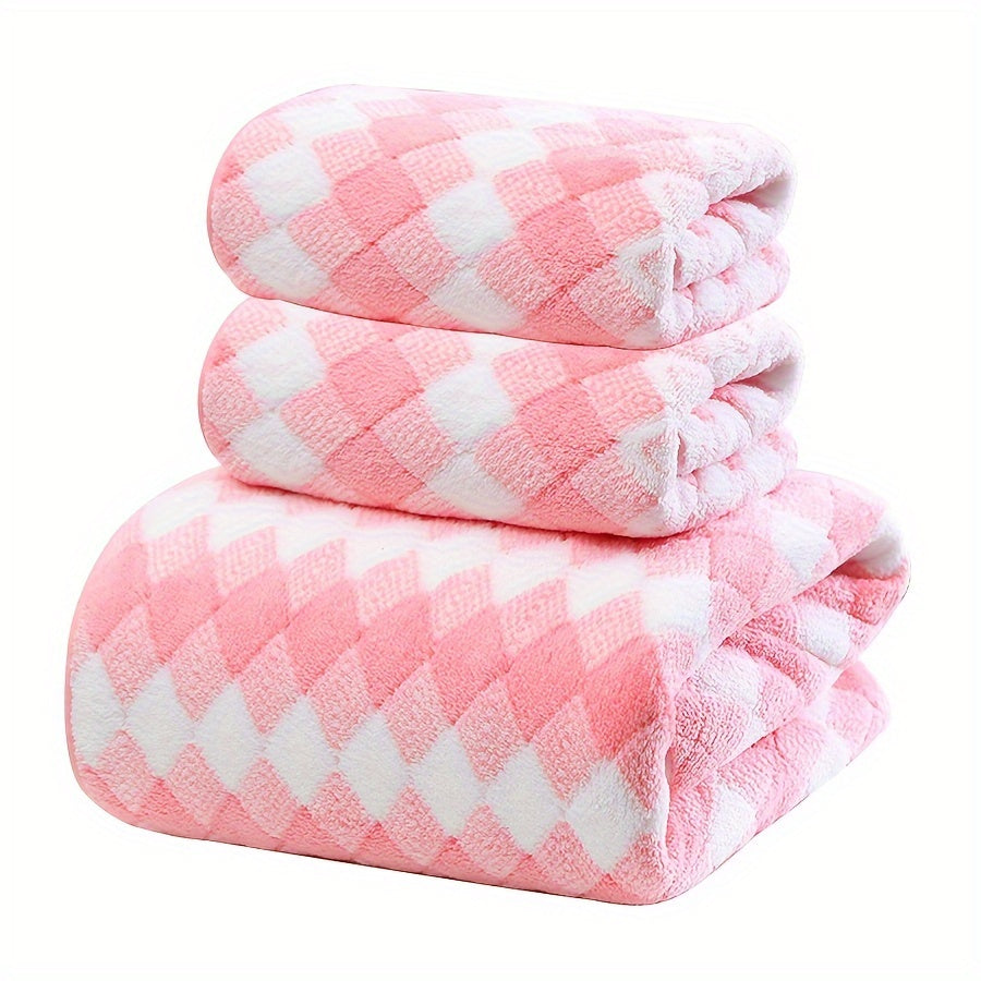 Plaid Pattern Towel Set Coral Velvet 2 Bath Towels 1 Hand Towel Absorbent