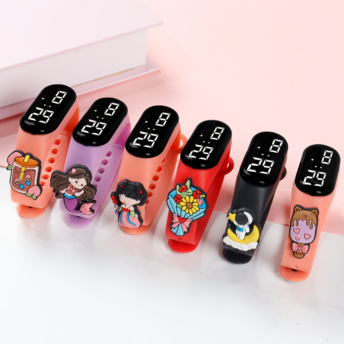 6 ta bolalar uchun raqamli LED bilakuzuklar, jonli ranglar, katta displey, TPU taxtasi