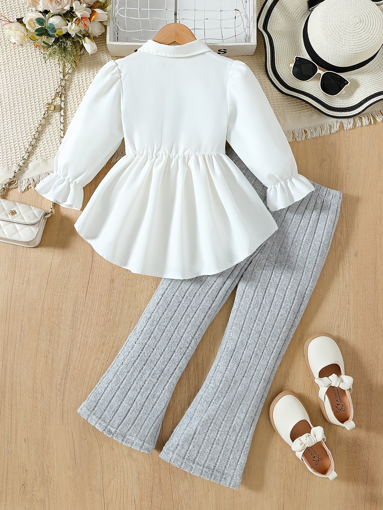 Girls Autumn Two-Piece Set Long Sleeve Collared Shirt and Stretch Pants for Casual and Daily Wear