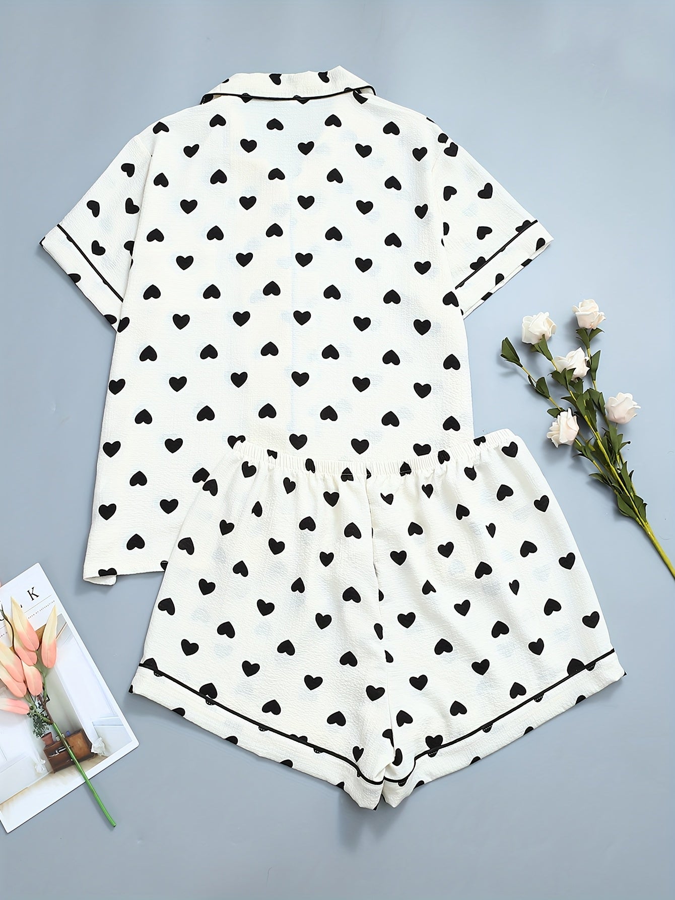 Women's Printed Cardigan Set with Turnover Collar and Short Sleeves