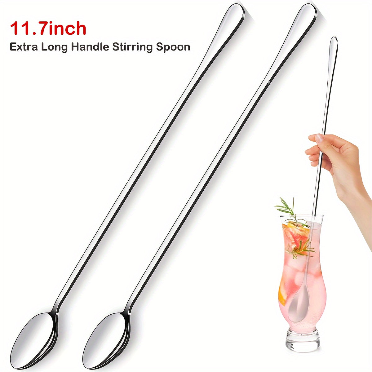 Set of 2 Stainless Steel Iced Tea Spoons Long Handle Dishwasher Safe Mirror Finish