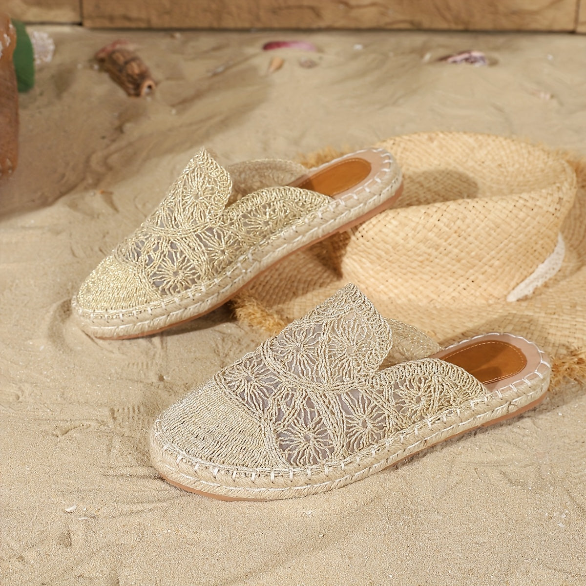 Women's Mesh Flat Slip-On Shoes Casual Vacation Straw Sole Sandals