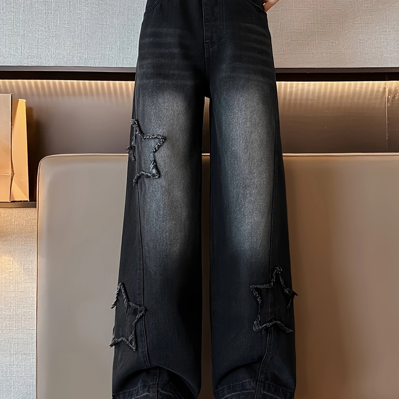 Girls Black Denim Jeans with Elastic Waist Straight Leg Street Style for Ages 9-15