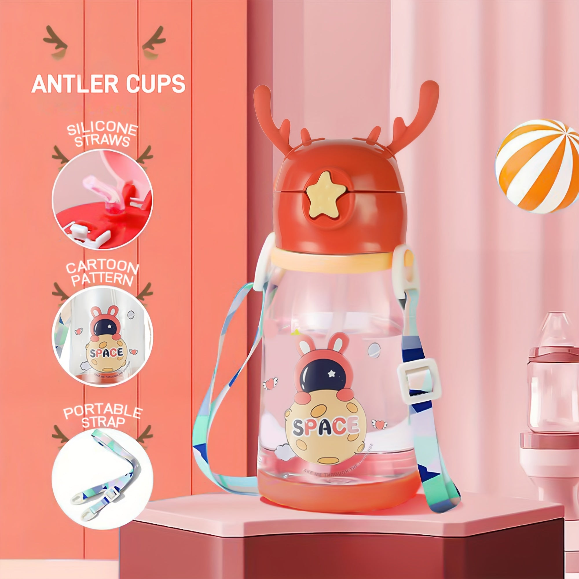 Kids Water Bottle 600ml Antler-Shaped with Straw Sturdy Eco-Friendly for Boys Girls