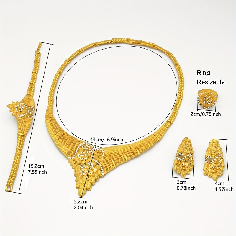 Gold Plated Hollow Flower Jewelry Set for Weddings and Parties Necklace Earrings Ring Bracelet