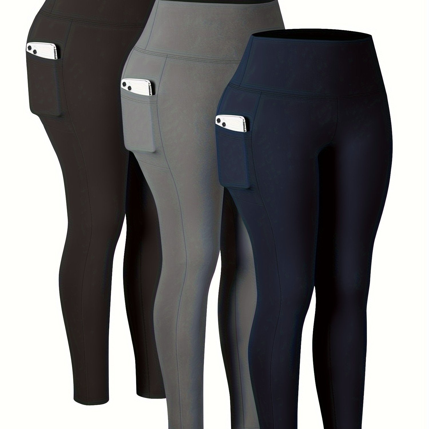 Plus Size Womens Leggings with Pockets High Waisted Tummy Control Black Yoga Pants 3 Pack