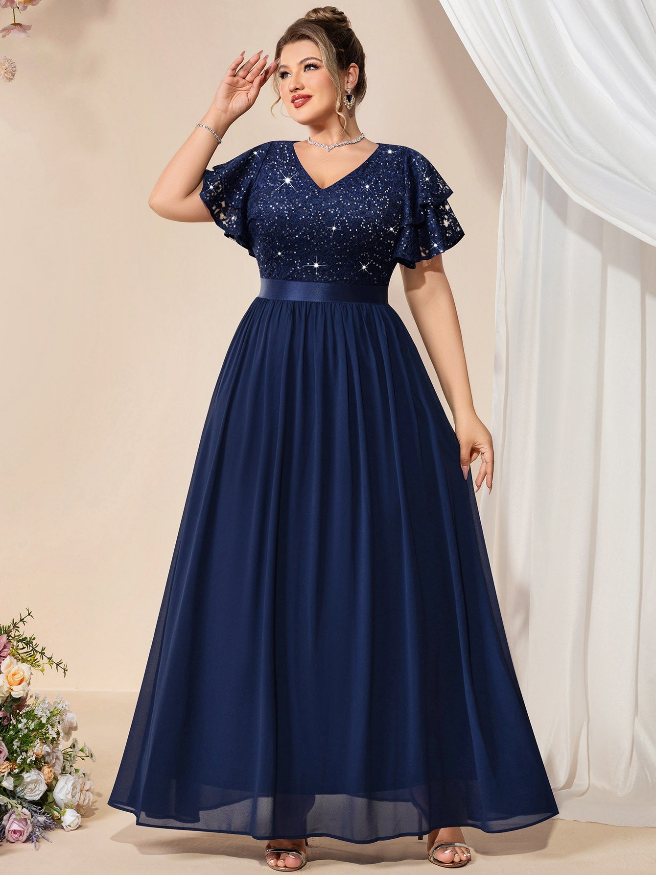 Women Maxi Dress Lace Beaded V-Neck Chiffon Party Summer Plus Size