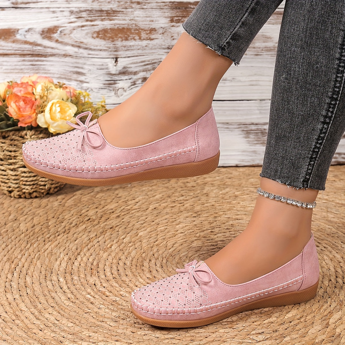 Women's Casual Slip-On Flat Shoes with Bow Pink Geometric Pattern