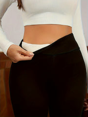 Women's Plus Size Fleece-Lined Skinny Pants Cropped Polyester Knit Winter Black