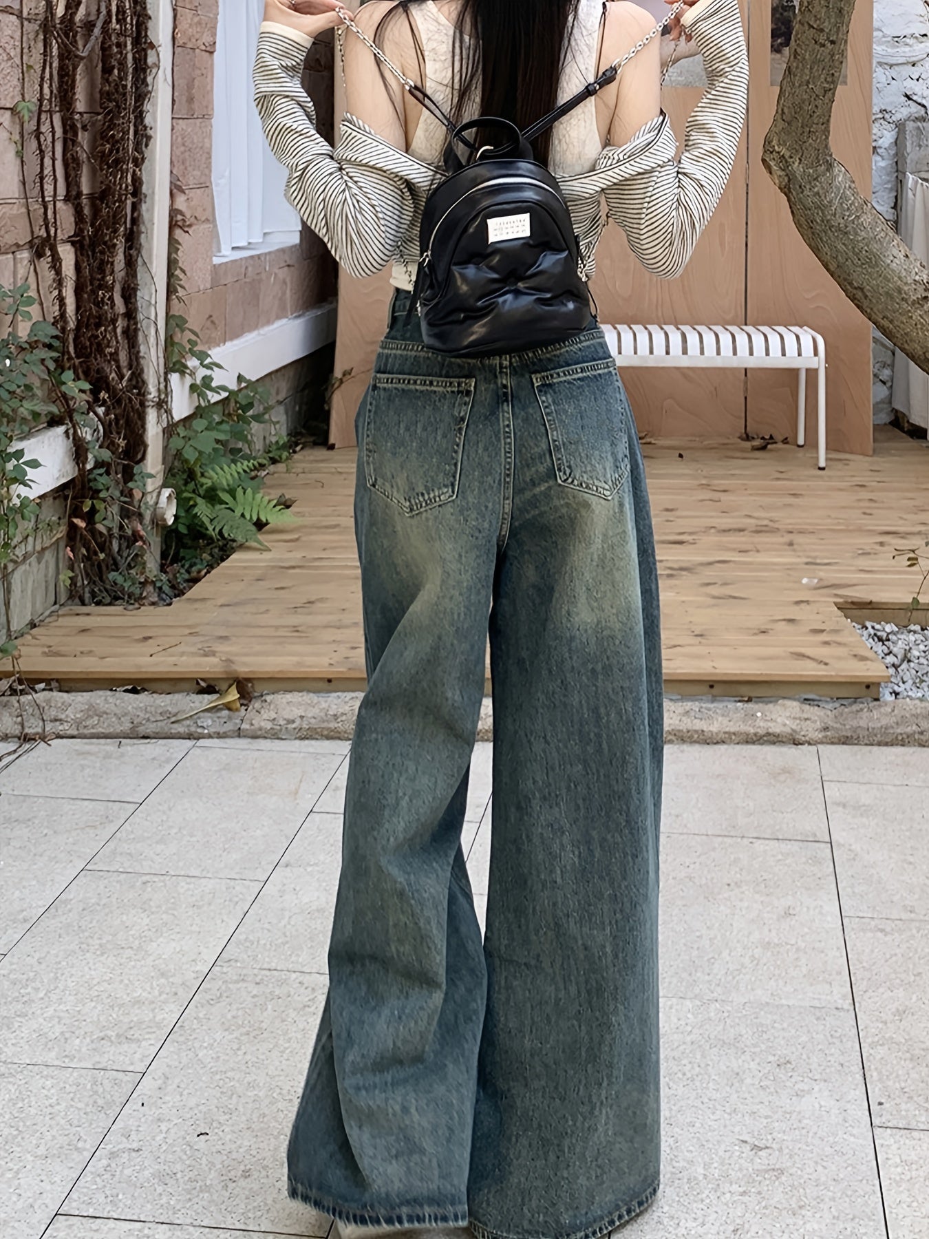 Jeans de mezclilla de tiro alto y pierna ancha para mujer, casual, de color sólido, sin elasticidad, con cierre de cremallera, para todas las estaciones