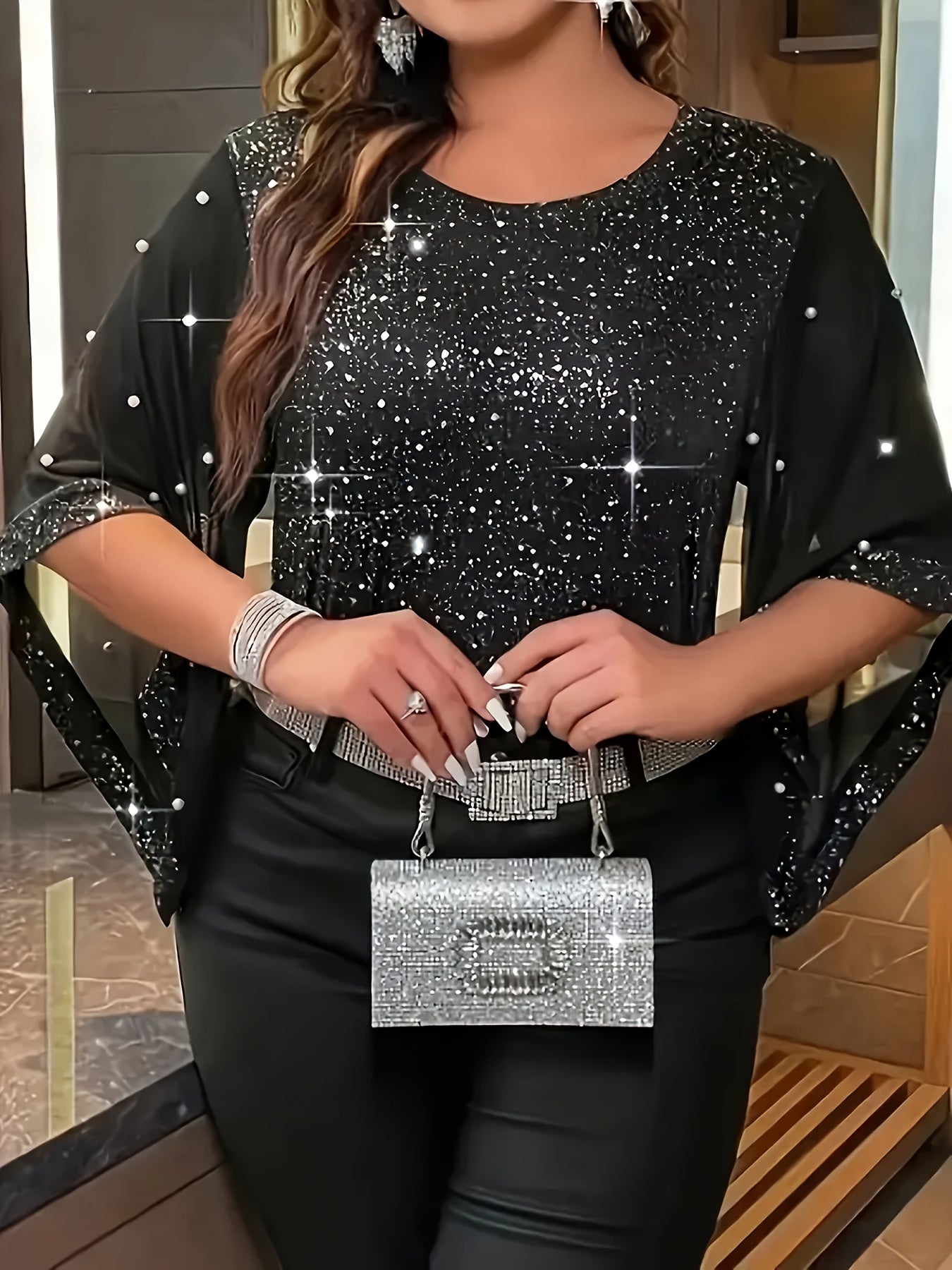 Plus Size Beaded Mesh Top with Irregular Sleeves for Spring and Summer