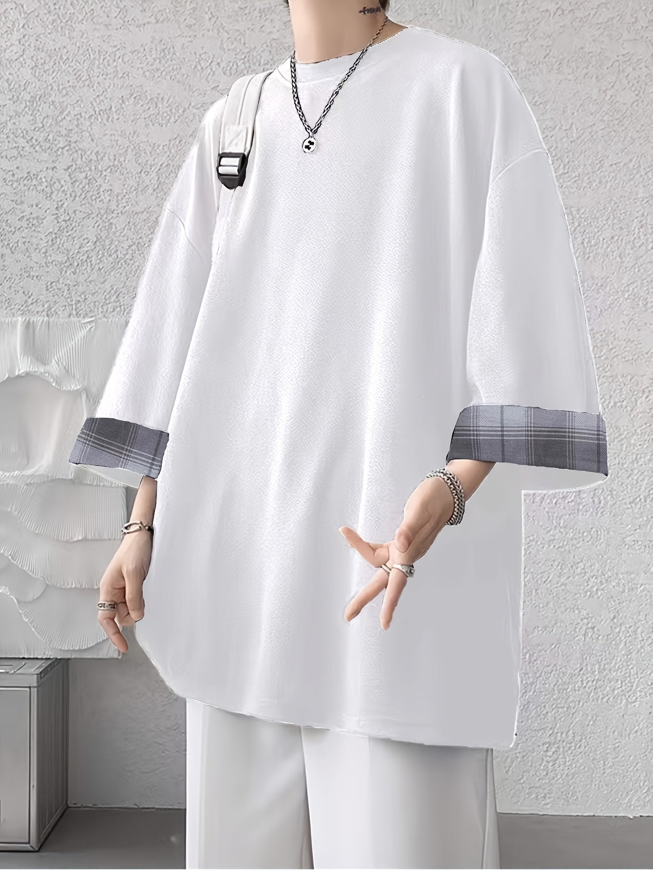 Adult Boho Short Sleeve Polyester T-Shirt Crew Neck Summer Loose Fit Solid Color