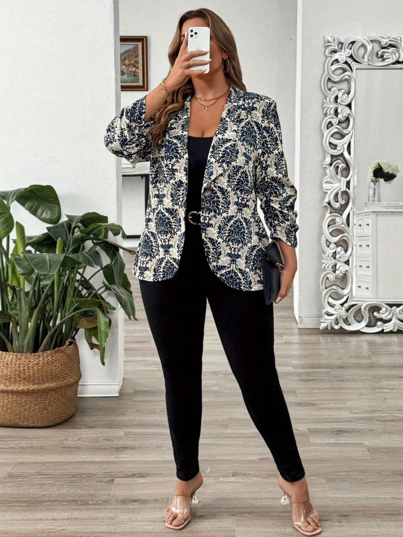 Plus Size Floral Print Blazer for Women with Gathered Sleeves and Lapel Collar