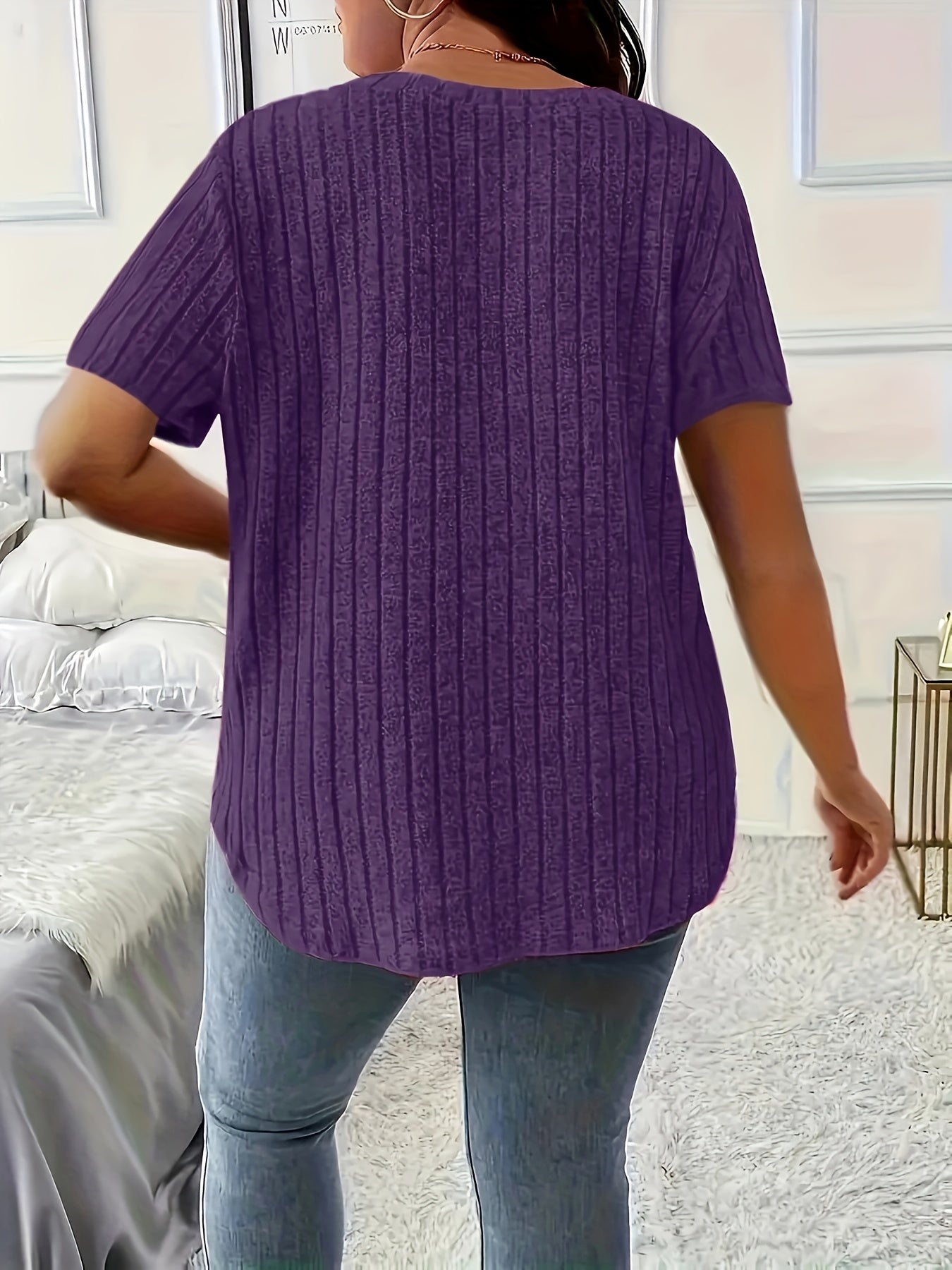 Туника с V-образным вырезом и коротким рукавом для полных, в рубчик, повседневная, осень и весна