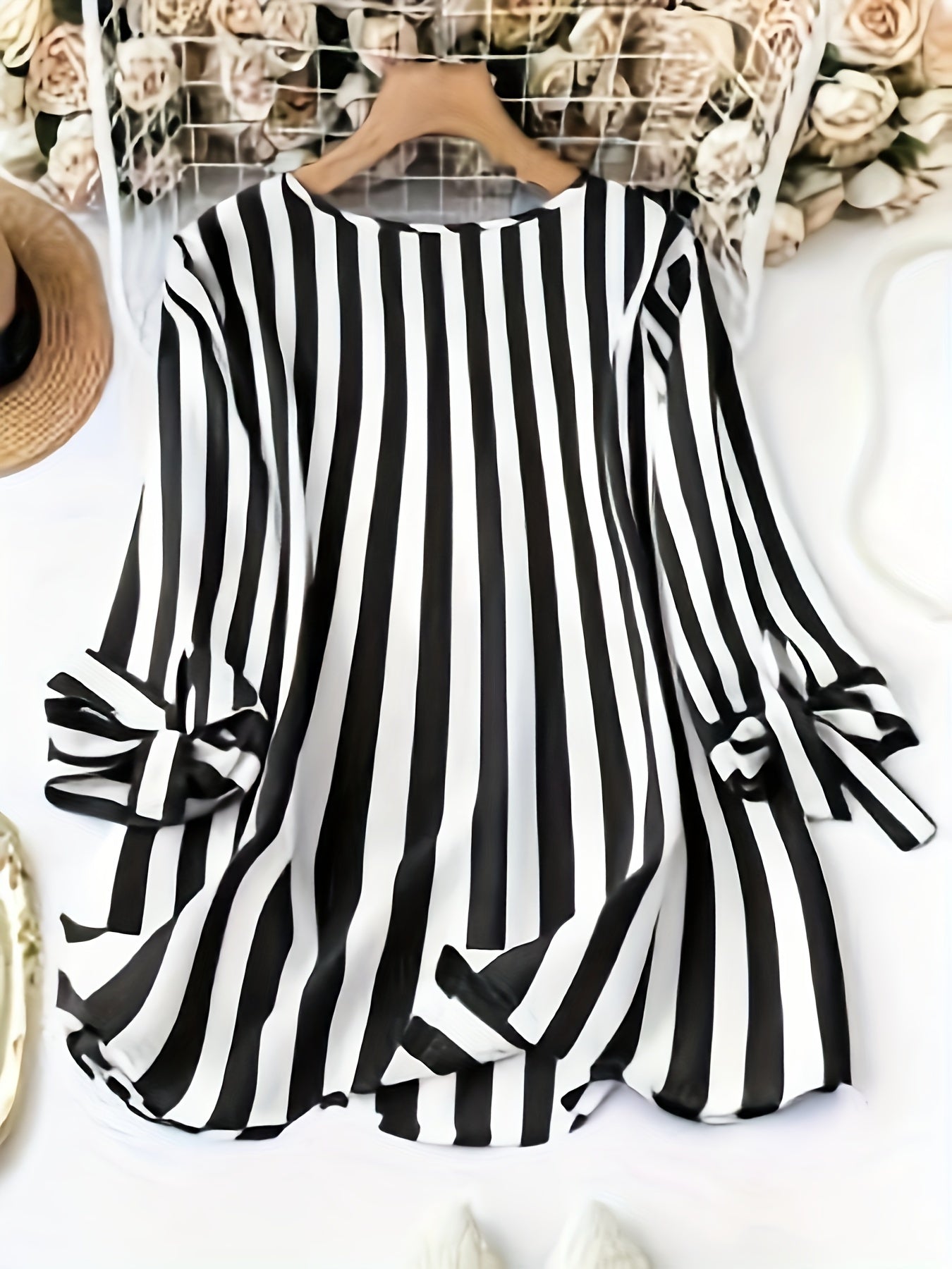 Women's Striped V-Neck Blouse with Lace-Up Cuff Sleeves for Spring and Fall