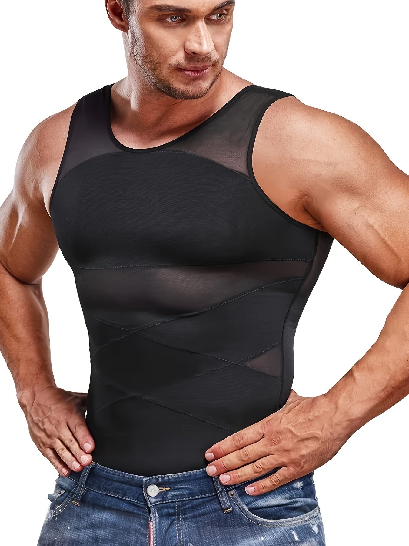Men's Compression Shirt Slimming Tank Top Body Shaper Sleeveless Crew Neck Solid Color