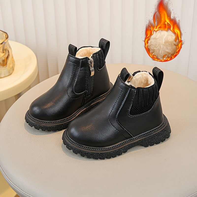 Детские ботинки с флисовой подкладкой в британском стиле, нескользящая мягкая подошва, дизайн с мультяшными персонажами и застежка на молнии.