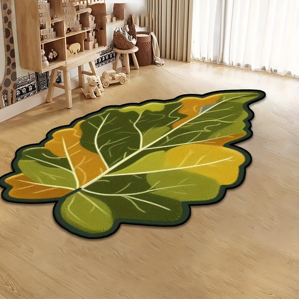 Green Leaf Pattern Area Rug Non-Slip Soft Feel Irregular Shape for Living Room Bedroom