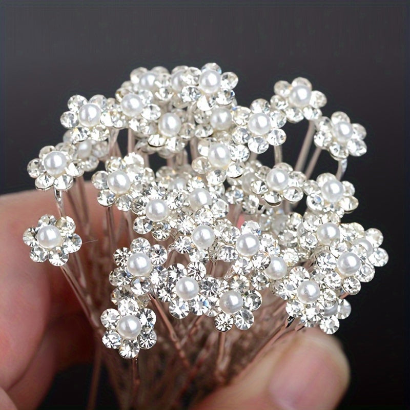 40-Pack Bridal Hair Pins with Crystal Pearls and Alloy Flower for Wedding Hairstyles