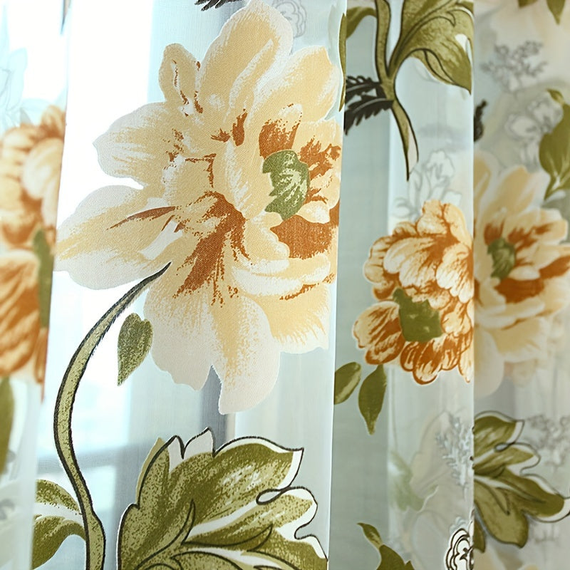 Floral Tulle Sheer Curtain Panel with Rod Pocket Purple Yellow Flowers Living Room Decor