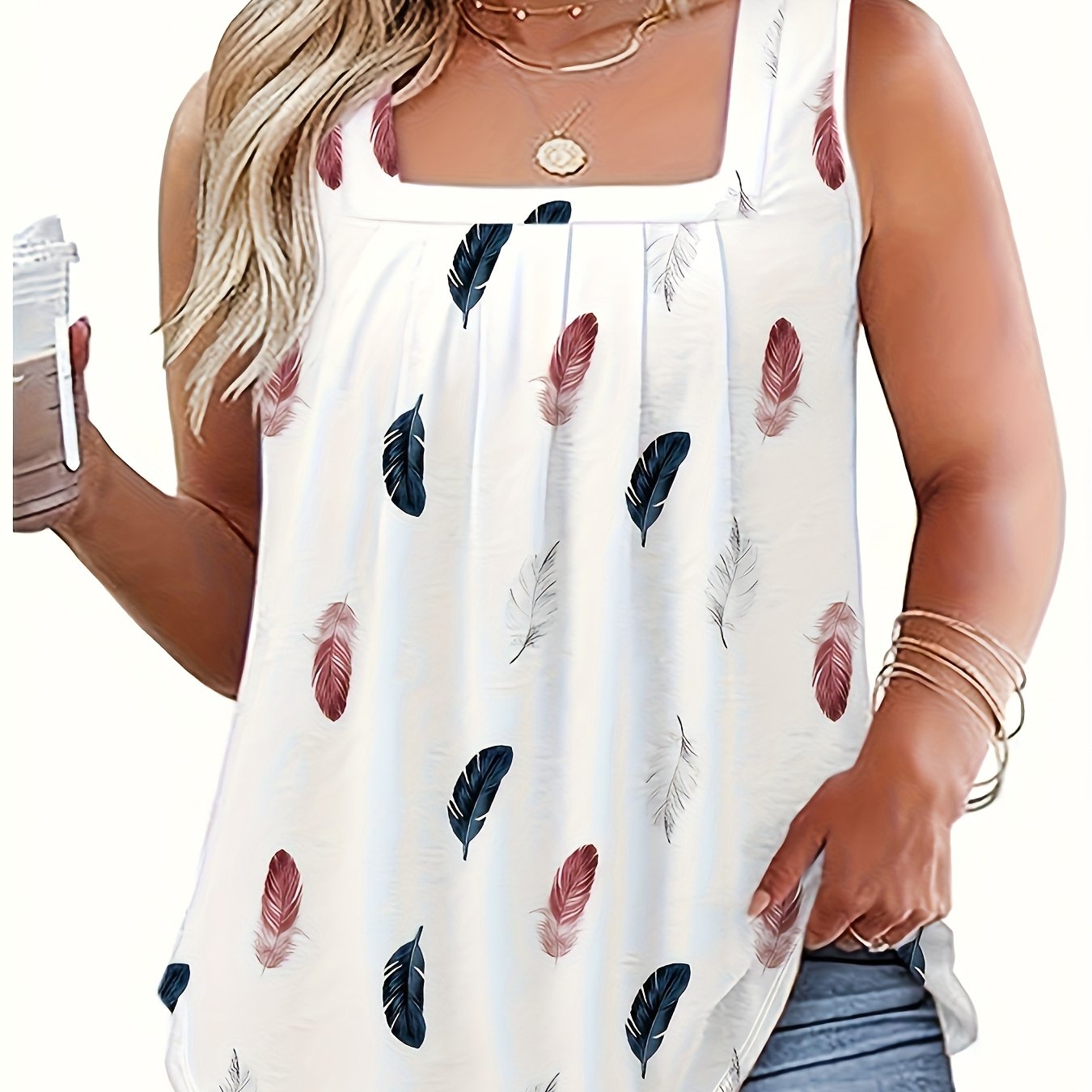Plus Size Women's Square Neck Sleeveless Top Floral Print Stretchy Pullover Vest
