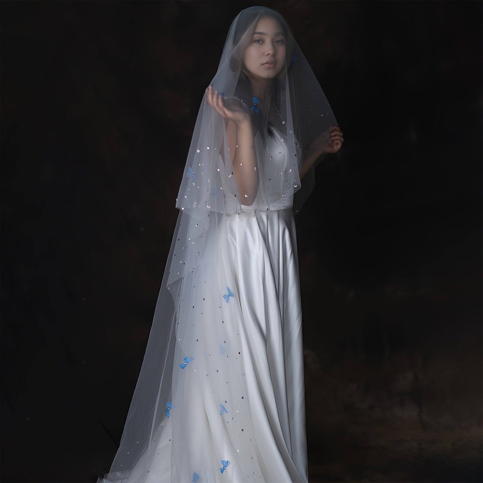 Bridal Veil Cathedral Style Nylon Rhinestone Blue Butterfly Wedding Accessory