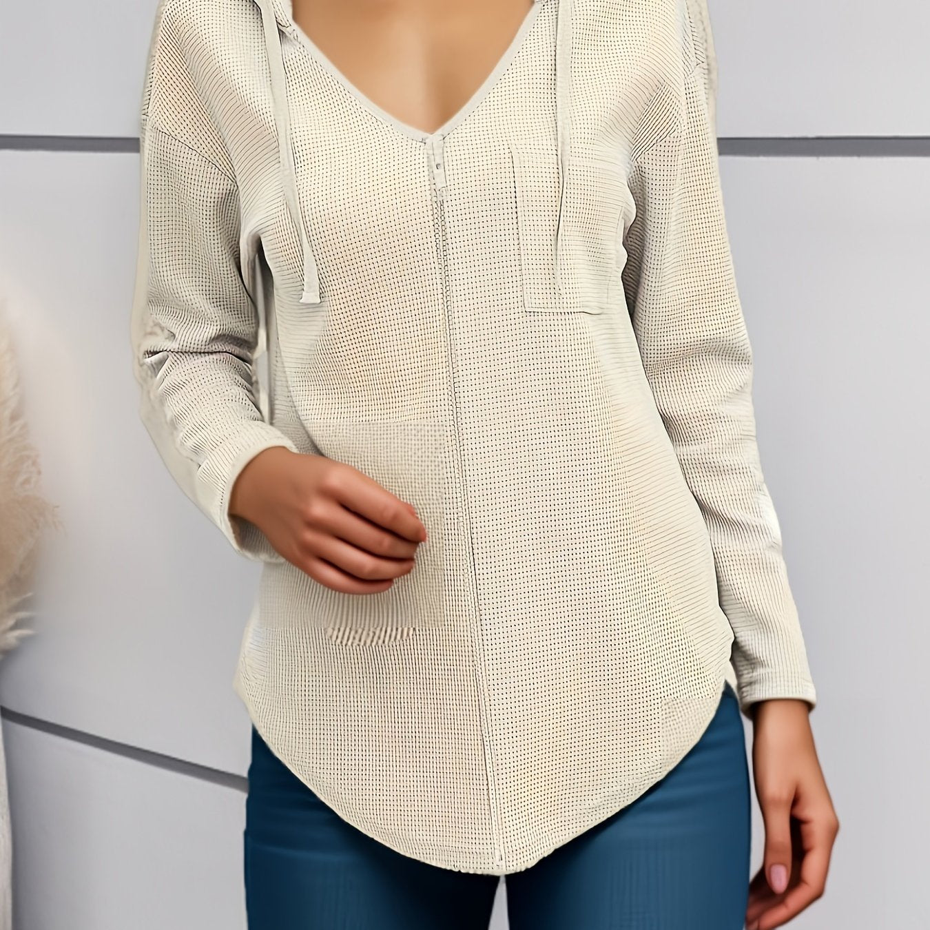 Women's Plus Size V-Neck Hoodie with Zipper Pocket Spring Fall Knit Solid