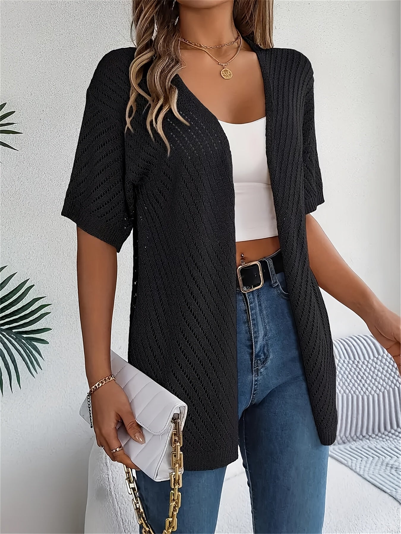Plus Size Women's Crochet Cardigan Lightweight Breathable Short Sleeve Solid Color Spring Summer