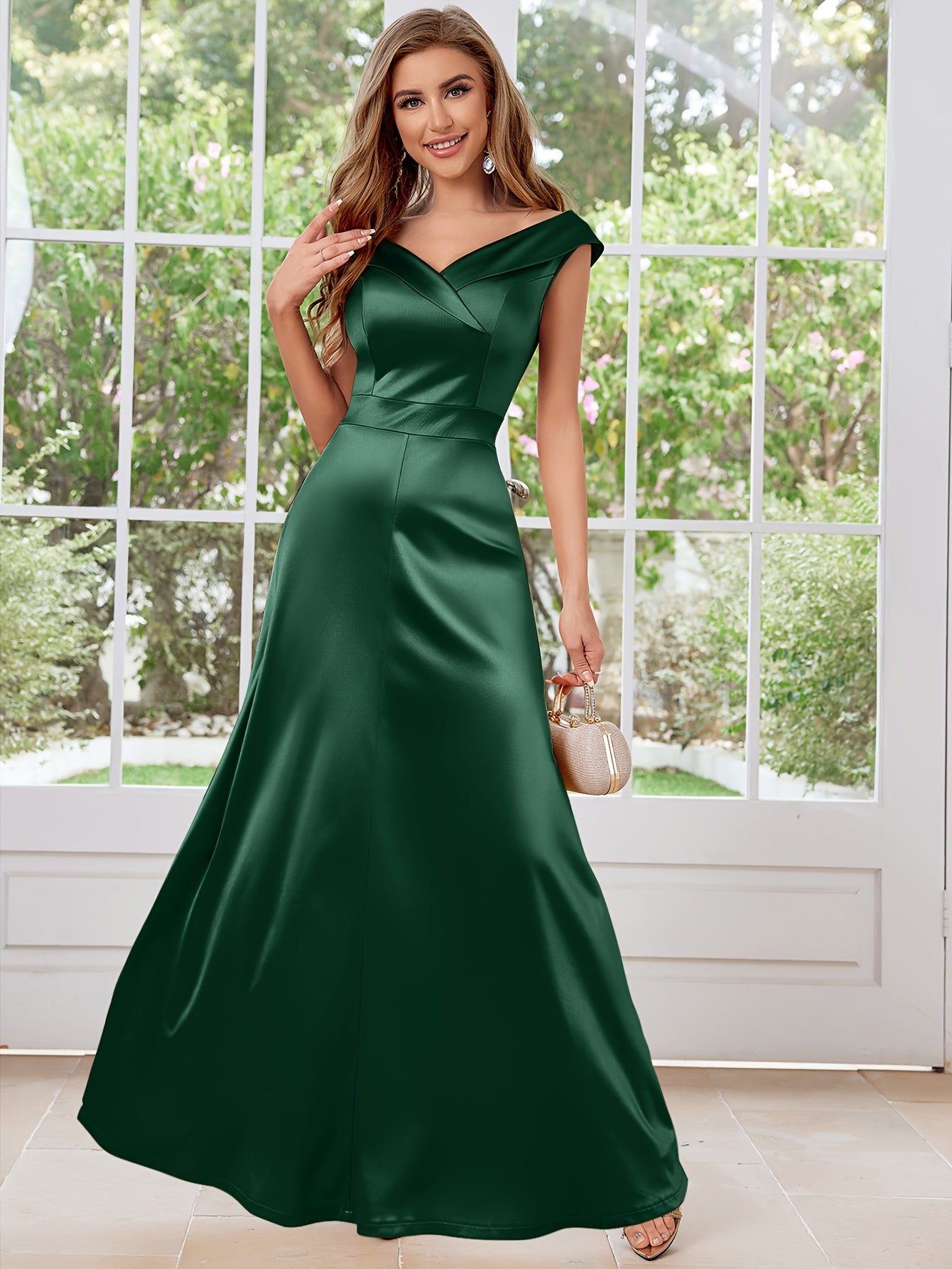 Elegant Satin V-Neck Floor-Length Evening Dress for Women Sleeveless Solid Color Polyester