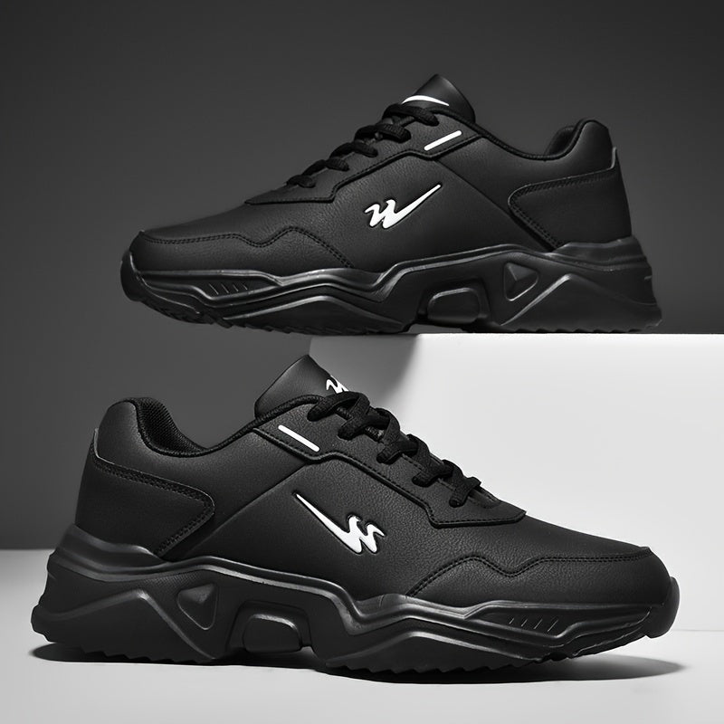 Men's Breathable PU Leather Casual Sneakers with Round Toe and Lace-Up Closure