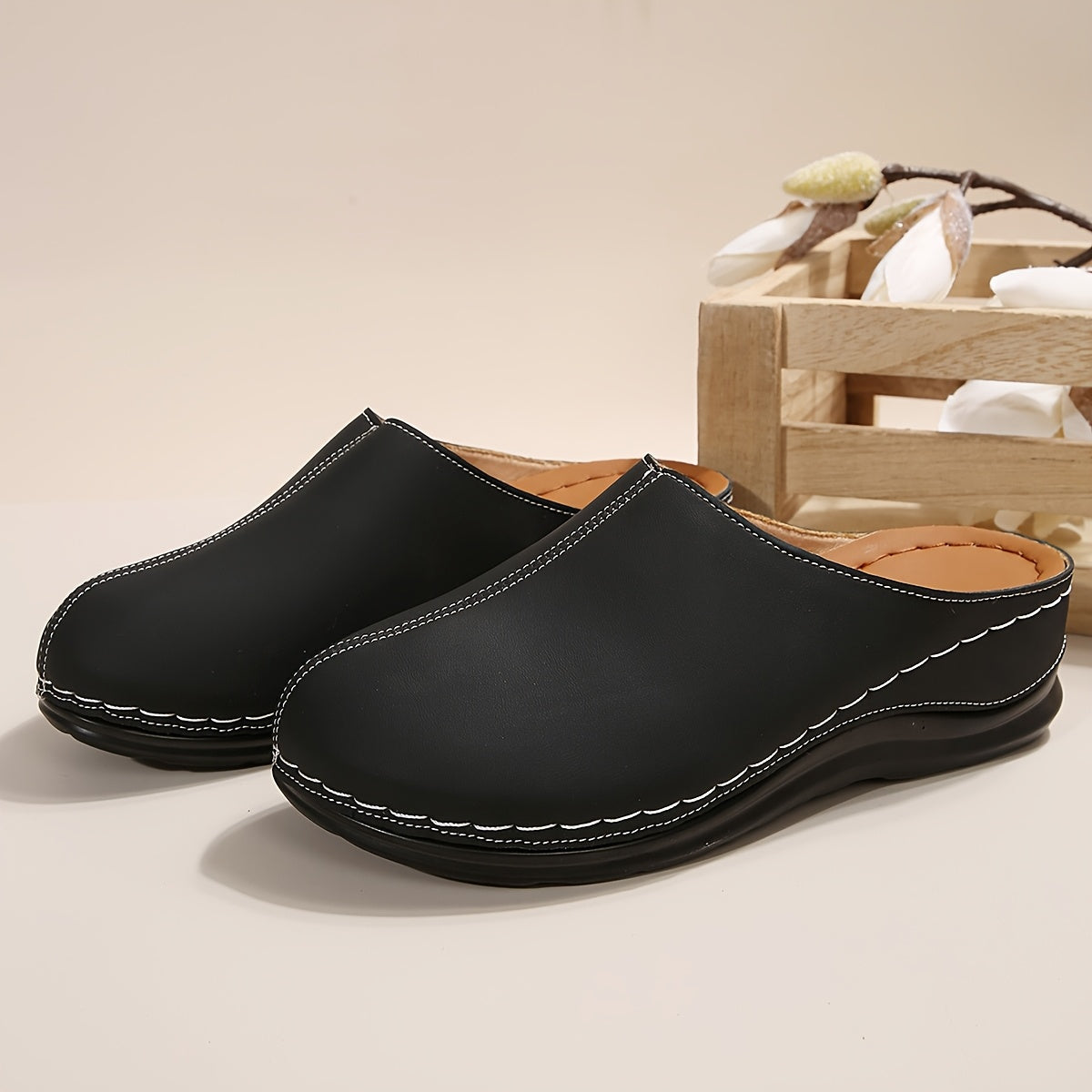 Women's Black Platform Slide Shoes with Thick Sole and Round Toe