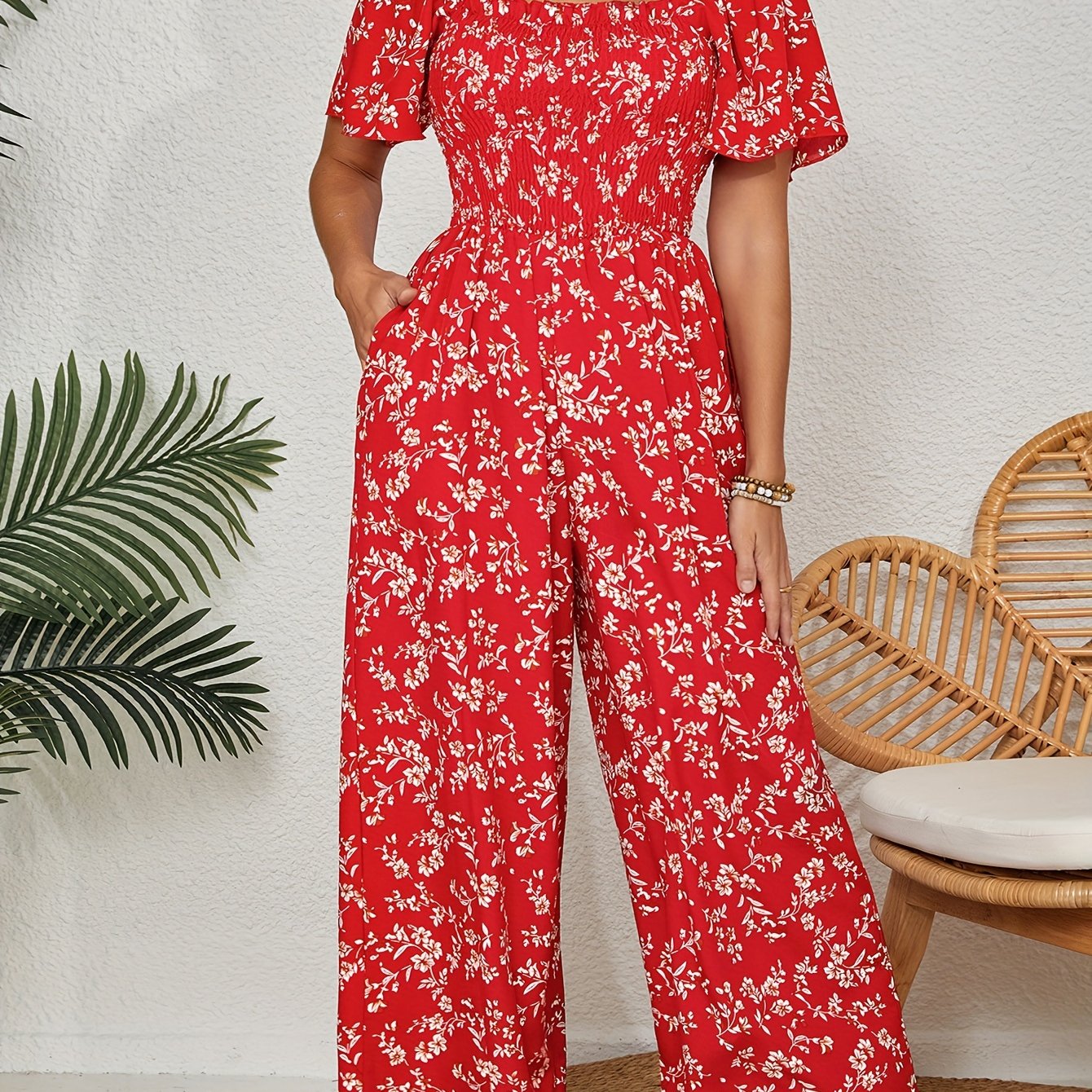 Women's Plus Size Floral Print Shirred Short Sleeve Wide Leg Jumpsuit