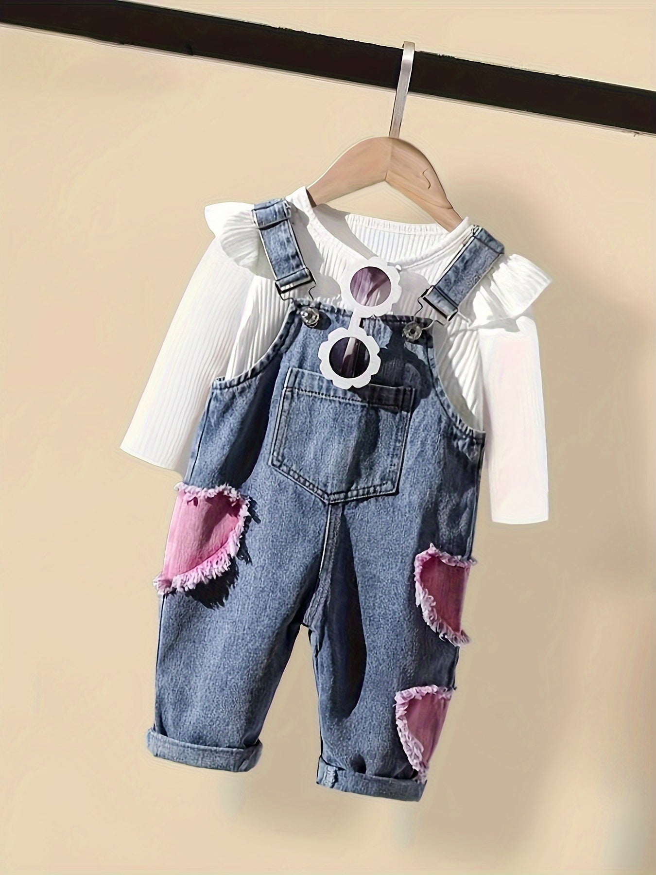 Kichkina qizlar uchun paxta uzun ko'ylakli ruffle top va suspender denim shimlar to'plami bahor va kuz uchun