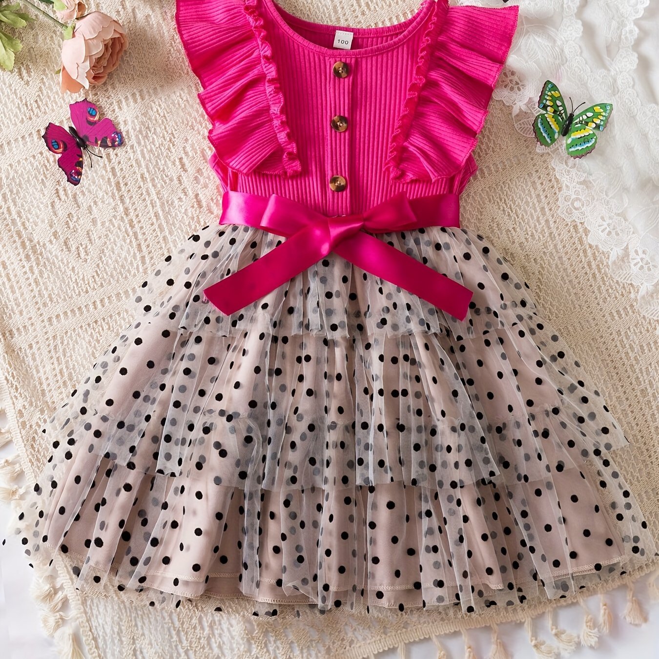 Kids Girls Summer Polka Dot Tulle Princess Dress A-Line Fairy Style Button Accents Non-Stretch Polyester
