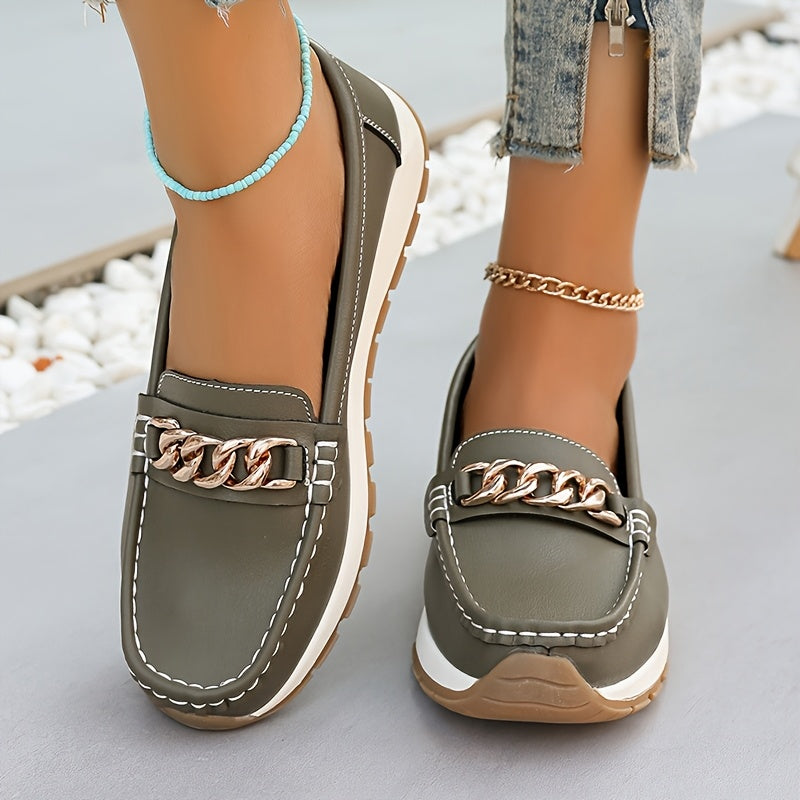 Women's Slip-On Loafers Faux Leather Flats with Metal Buckle in Beige Black Pink Green