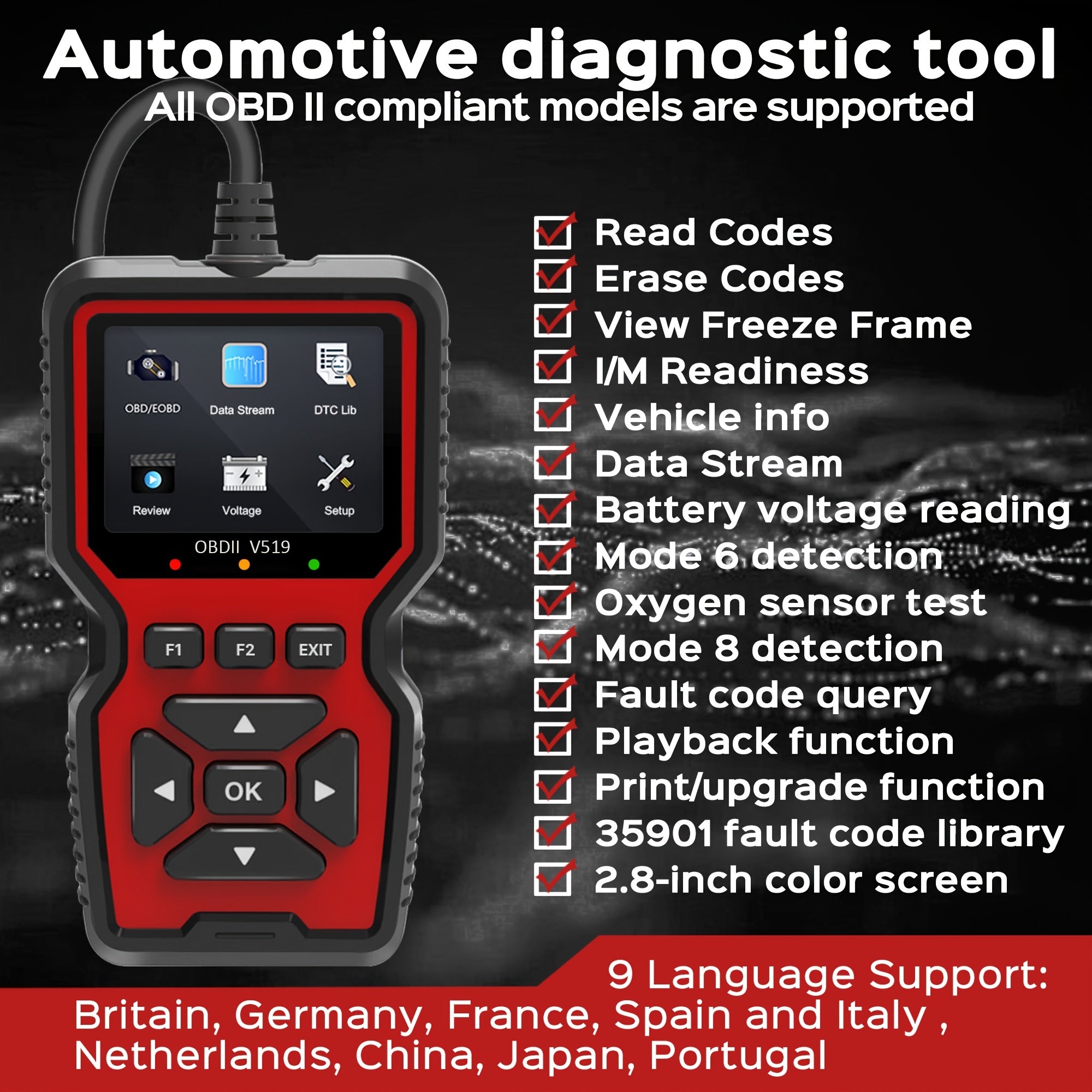 OBD2 Scanner Diagnostic Tool for Check Engine Light Live Data Emissions Test Compatible with Most Vehicles